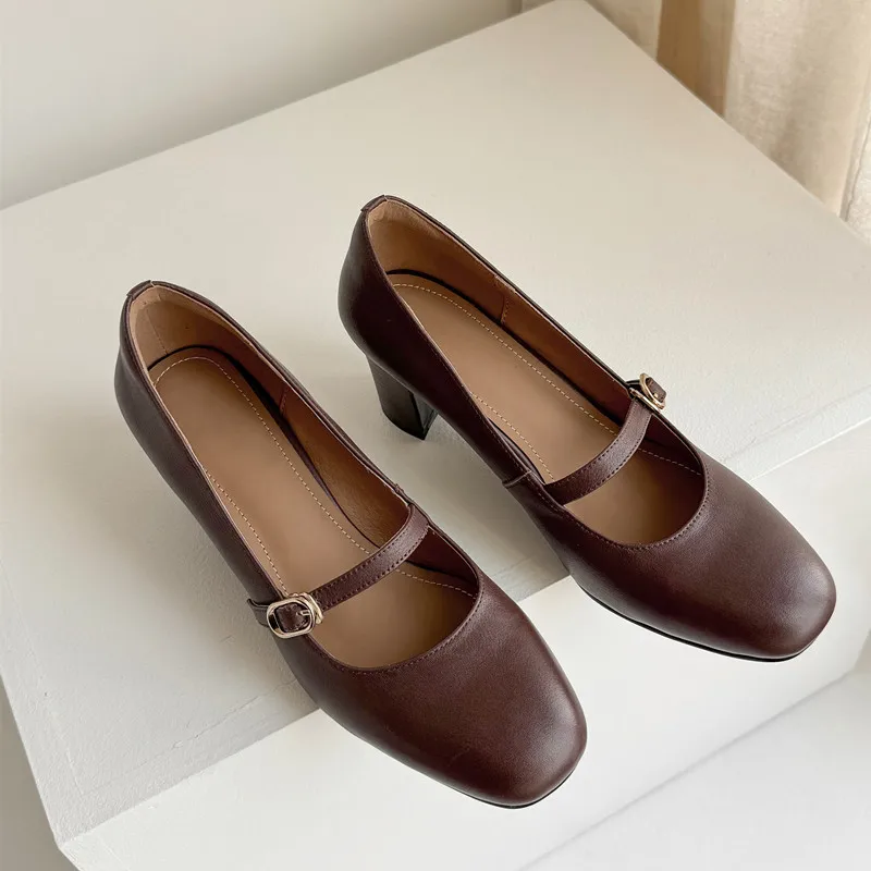 Туфли-лодочки MKKHOU женские натуральная кожа круглый носок высокий каблук Ретро