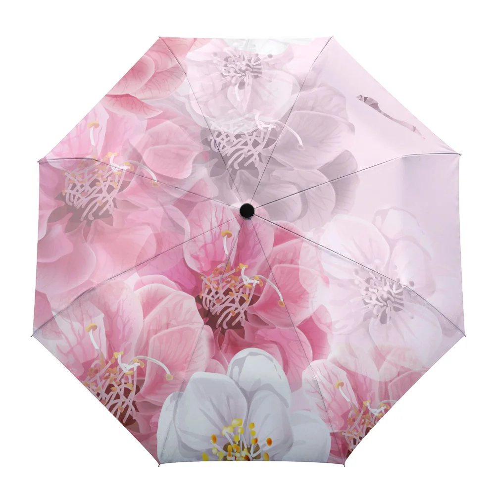 

Flower Pink Automatic Umbrella Men Women Rain Windproof Outdoor Travel Sun Three Folding Umbrellas 8 Ribs Gift Parasol
