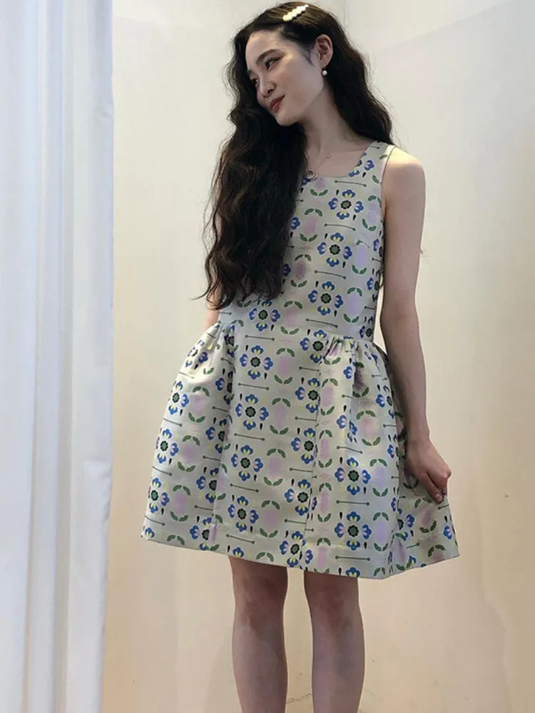 

Women Square Collar D Sling Mini Dress Sleeveless Floral Jacquar Off-Shoulder Lady Short Robe with Pocket 2022 Summer