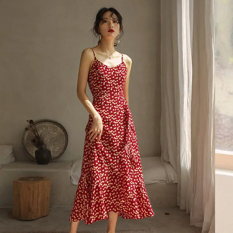 

All Season Spring Summer Casual Soft Fashion Women's Dress Tank Top Suspender Long Skirt Slim Thin Grace Floral Bottom Picnic
