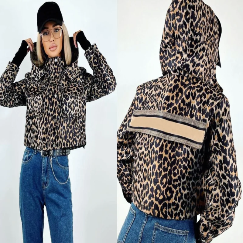 

2022 fashion women's short coat Sexy Leopard Print women's top temperament work clothes pocket long sleeve hooded short coat