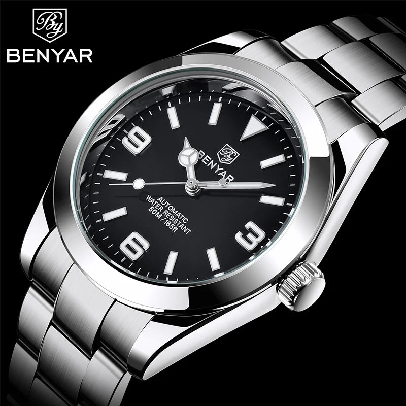 BENYAR Luxury Men Mechanical Wristwatches Stainless Steel Sports Men Automatic Watches 50ATM waterproof Clock