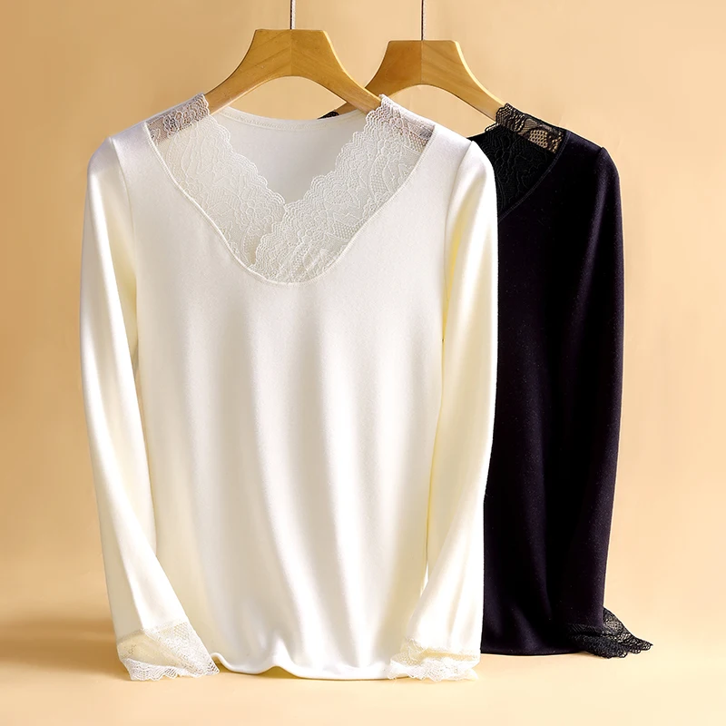 Plus Velvet Thermal Women Underwear Plush Thickened Lace base Coat woman Top Seamless Long Sleeve Warm In Winter