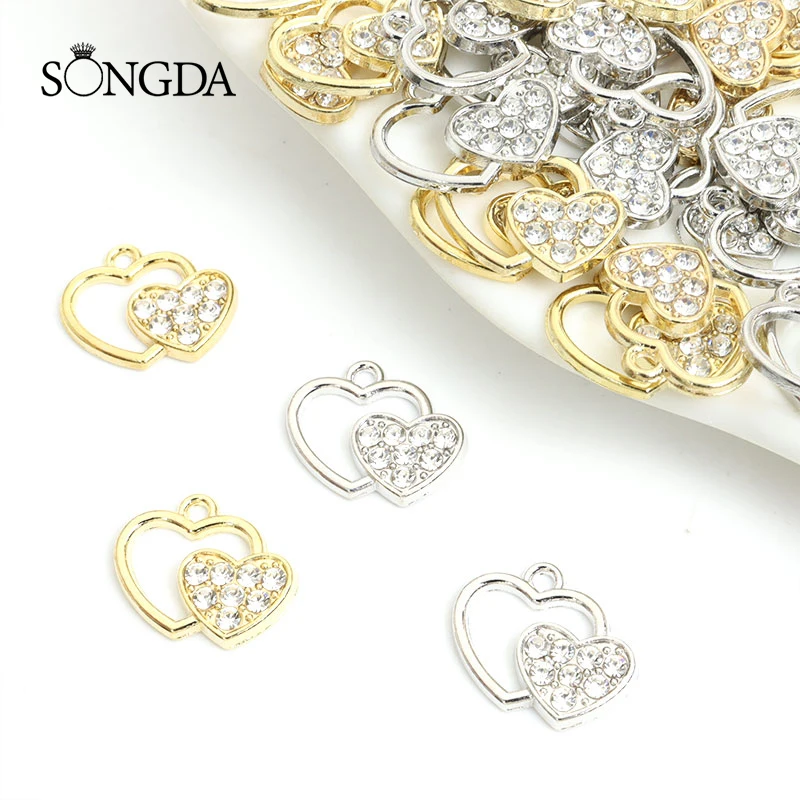 

10pcs Fashion Openwork Heart Shaped Crystal Rhinestone Charms Silver/Gold Color Geometry Alloys Pendants for Making Jewelry DIY