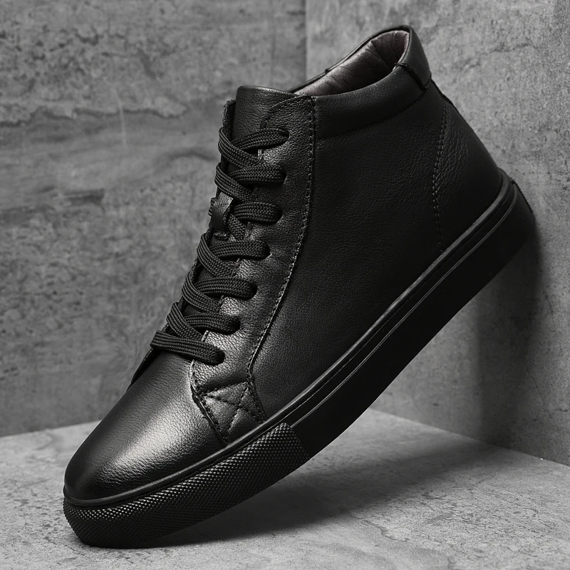 

New Arrival Mens Casual Footwear Genuine Leather Man High Top Casual Sneakers Comfortable Flats Shoe Men Inside Fur Walking Shoe