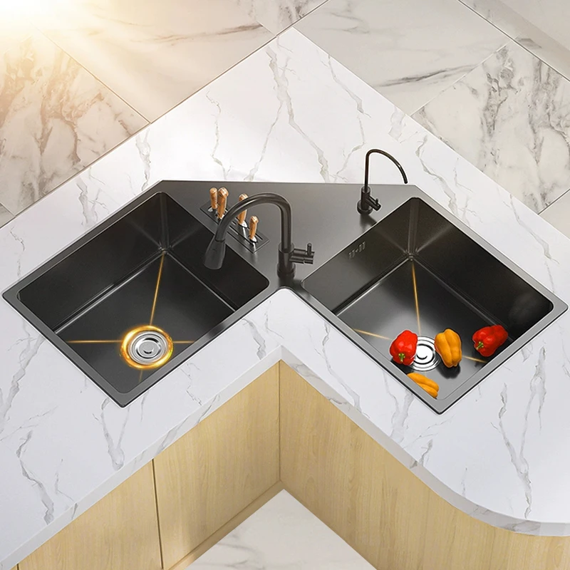 

Shape Stainless Steel Kitchen Sink Household Corner Black L-shaped Washibasin Hand Washing Bowl