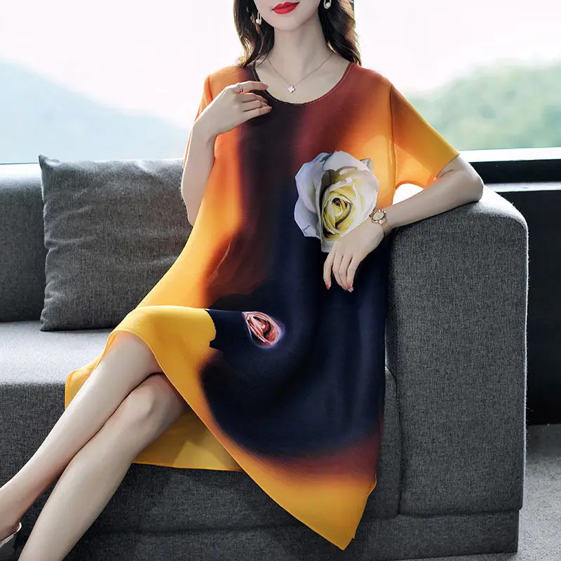 

Noble lady temperament printed dress female 2021 summer female loose large size fat mm small a-line skirt short sleeves dress