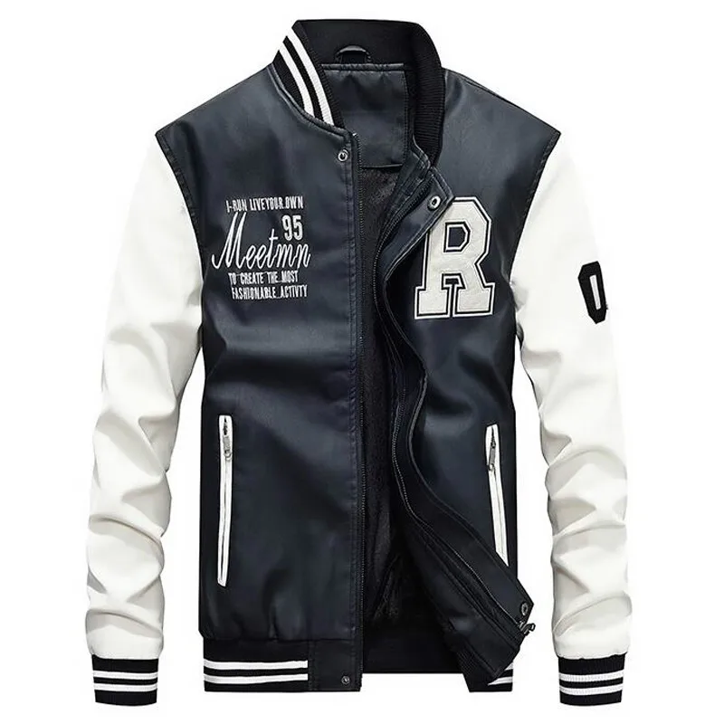 

Brand Embroidery Baseball Jackets Men Stand Moto Biker Leather Jacket Men Casual Fleece Thicken Faux Leather Coat M-4XL
