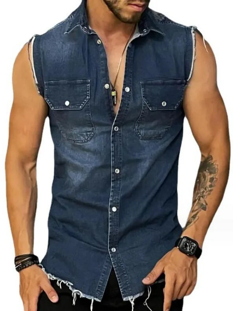 

Denim Clothing Men's Fashion Cardigan Cowboy Tops Jean Sleeveless Jackets