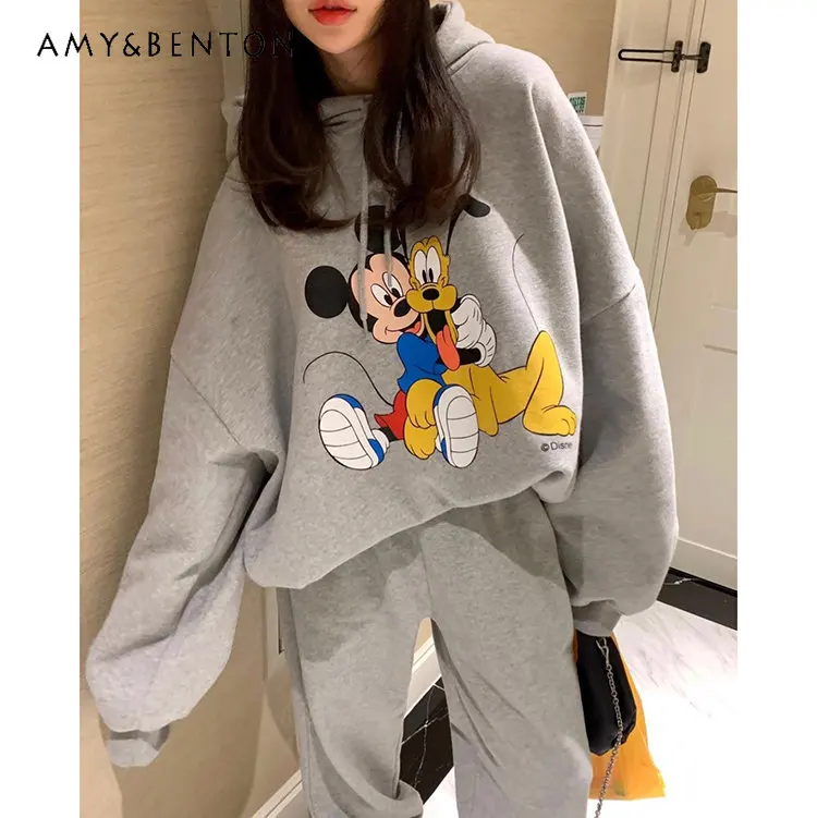 Cartoon Anime Print Sweatshirt and Sweatpants Suit for Women Youthful-Looking Loose Leisure Sports Suit Fleece-Lined Warm Sets