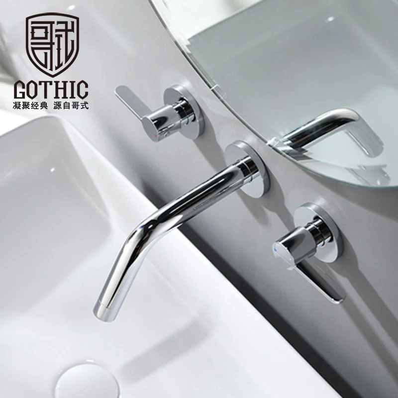 

Готический Черный скрытый встроенный смеситель для раковины, настенный кран для умывальника с золотым напылением, одно слово, двойная ручка