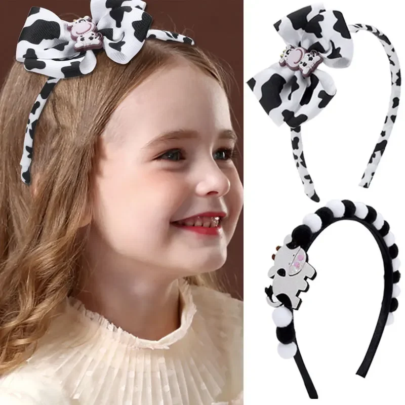 

Lovely Ribbon Print Cow Headbands Boutique Non-slip Hair Hoops Fashion Kids Ornament Bow Hairband Girls Hairbands Headwear