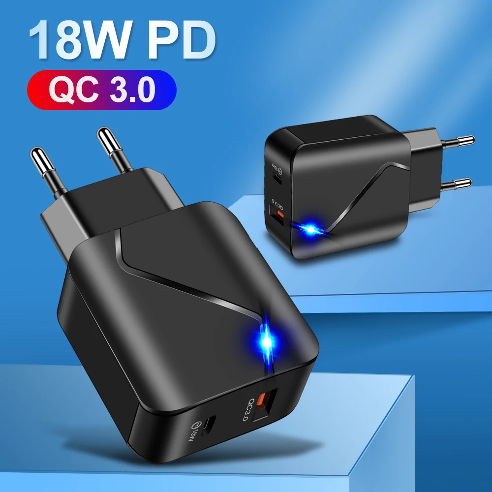 

QC 3.0 PD 18W USB Adapter 5V 3A Charger 2 Port Quick Charger Mobile Phone Illuminated 5 V Volt Power Supply Travel Wall US/EU