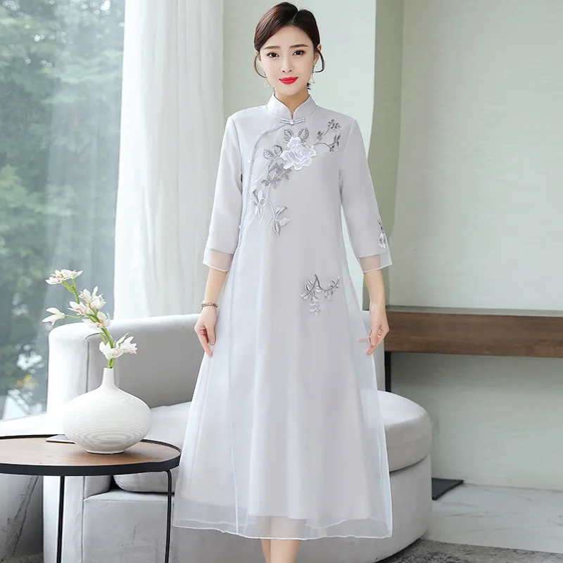 Women Robe Oriental A-line China Style Gown Age Reduction Belly Covering Chinese Style Hanfu Embroidery Improved Cheongsam Dress