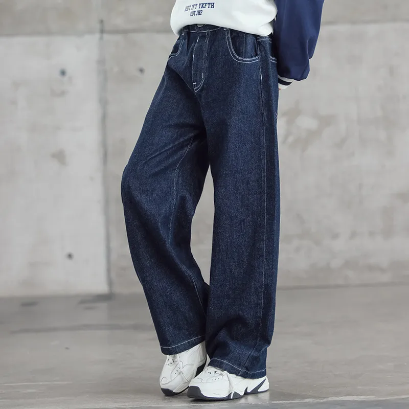 

Girls Wide Leg Jeans for Autumn New Blue Loose Casual Straight Pants Fashion All-match Teenagers School Children Denim Trousers