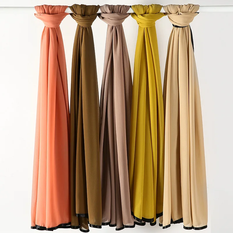 

70*175cm Hemming Muslim Pearl Chiffon Hijab Shawls Scarf Women Solid Head Wraps Lady Moslem Hijab Muslim Veil