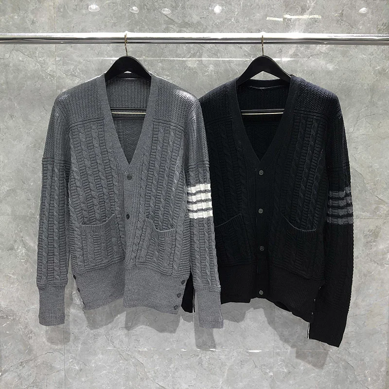 

Cardigan TB THOM Men's New Classic Merino V-neck Sweater With Bar Stripe Sleeve Design Korean Fashion Winter Coat For Women