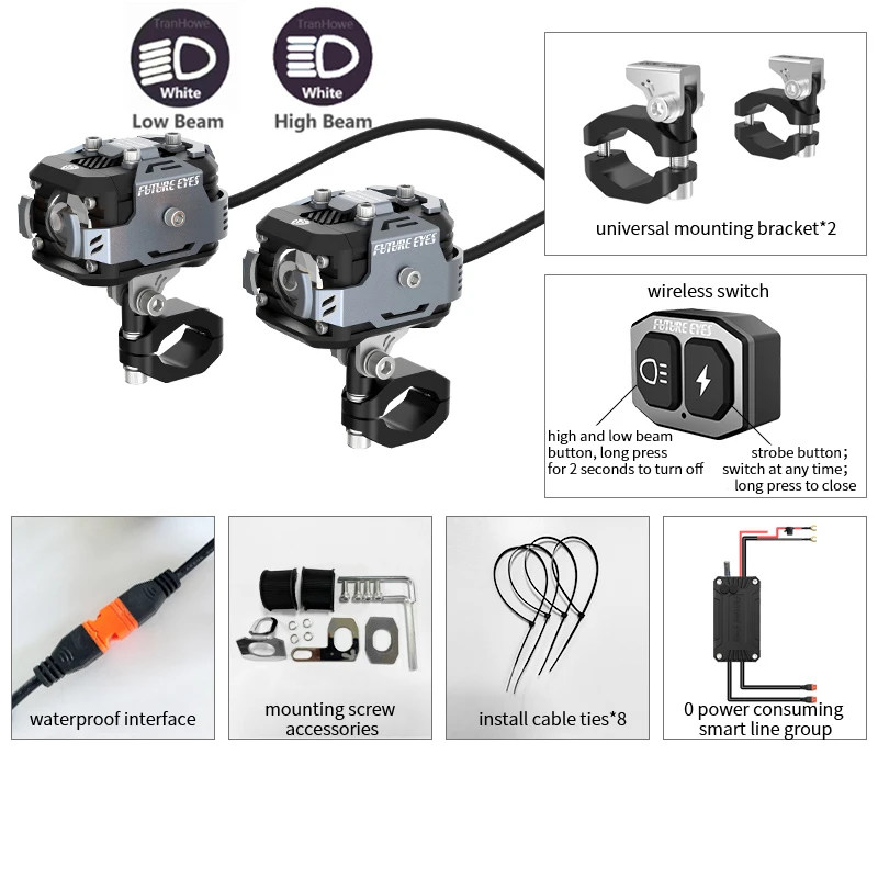 

Future Eyes F150 Sliver Shell Мотоциклетный светодиодный прожектор Вспомогательные фонари Ближний и дальний свет Вспышка Белые желтые огни