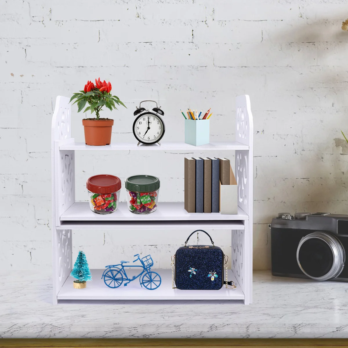 

Shelf Desk Display Rack Desktop Wood Bookshelf White Adjustable Organizer Office Scrollwork Shelvesliterature Storage Cutout