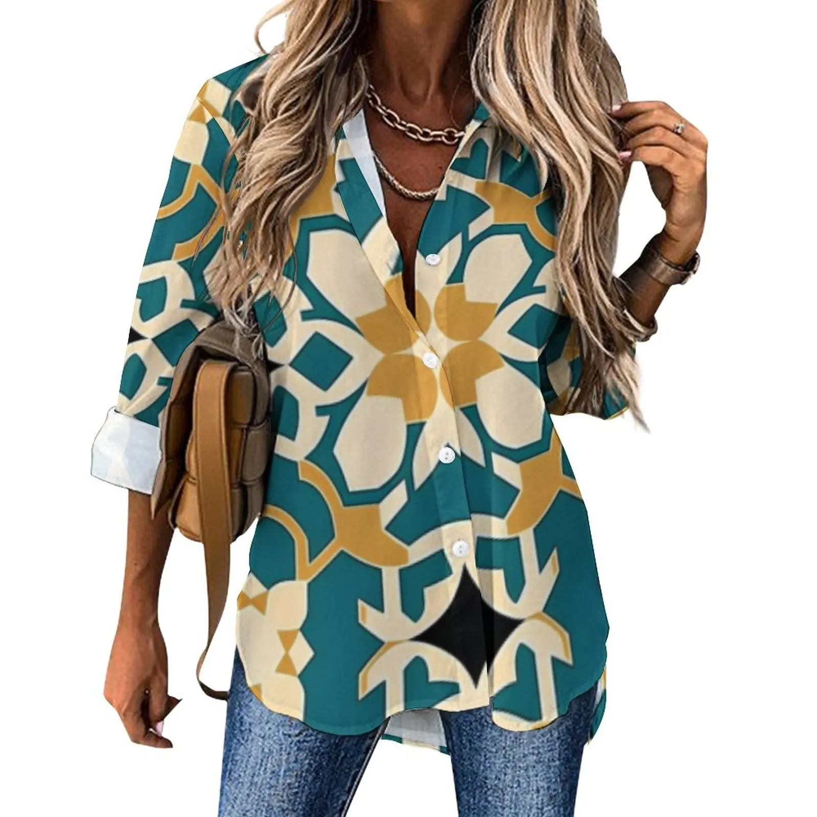 

Arabesque Flower Print Loose Tops V-Neck Elegant Long Sleeve Autumn Women's Everyday Casual New Design Prints Blouses Shirt