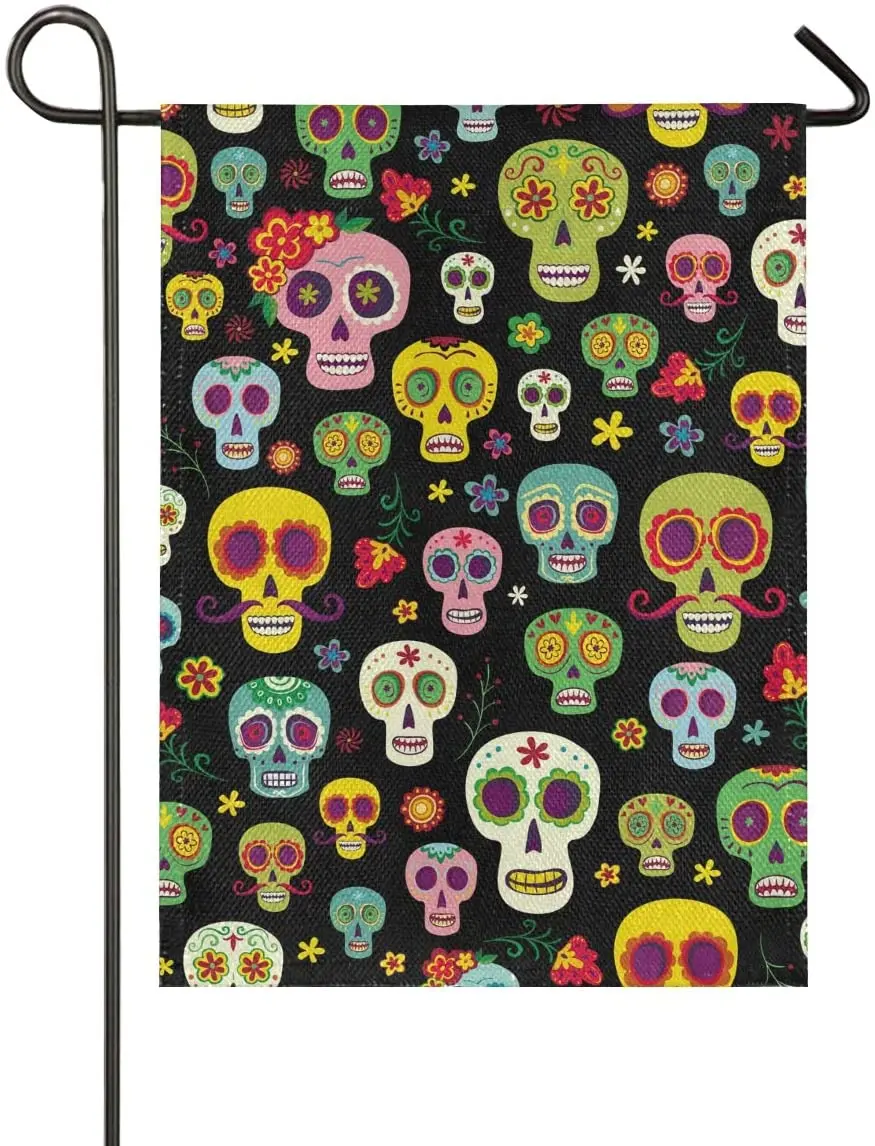 

Mexican Sugar Skull Halloween Day of The Dead Garden Flag Welcome Home House Flags Double Sided Yard Banner Outdoor Decor Banner