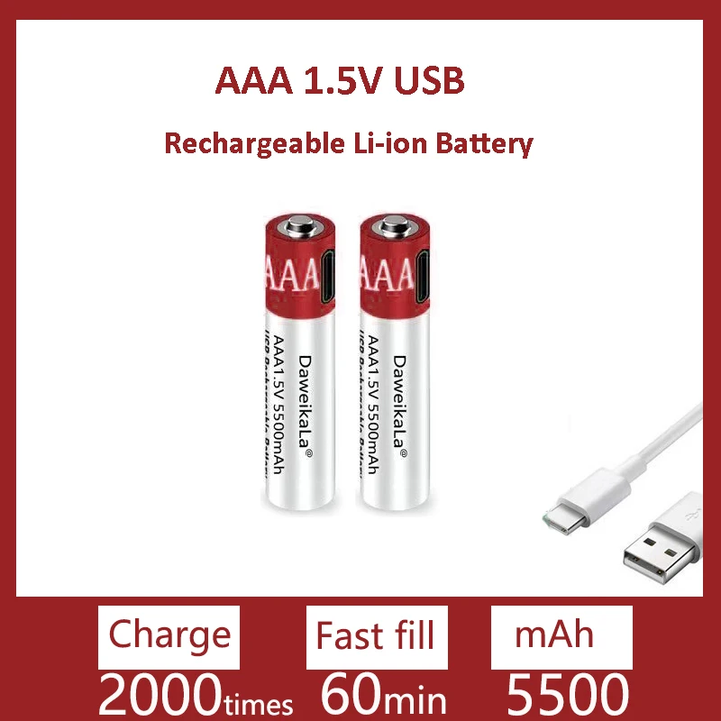 

New Charger Free AAA 1.5V 5500mah Large Capacity USB Rechargeable Li-ion Battery for Remote Control Wireless Mouse + Data Cable
