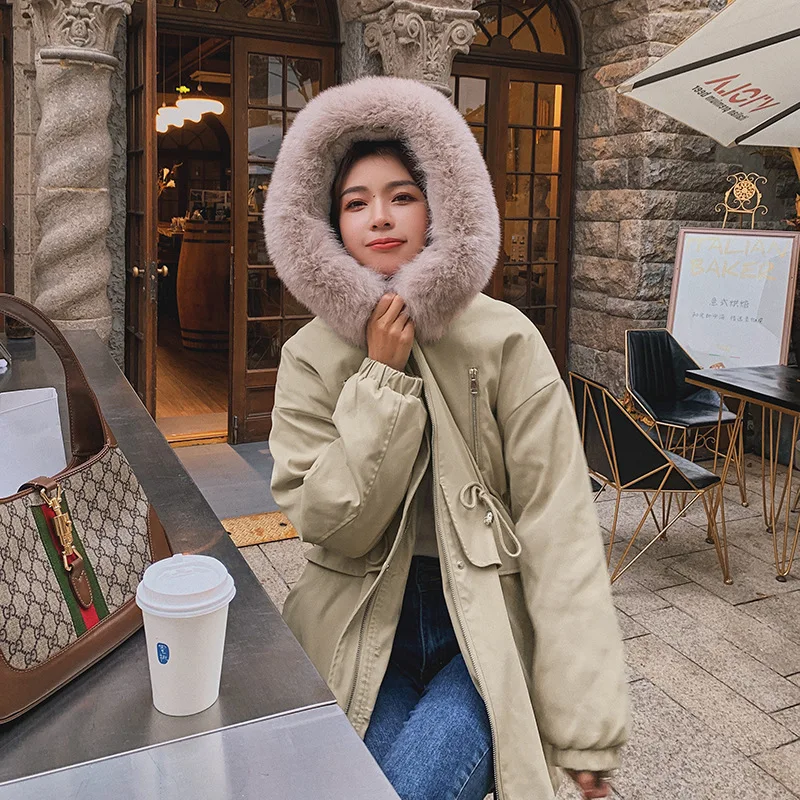 Winter new big fur collar waist cotton clothes mid-length knee thick parker cotton dress women