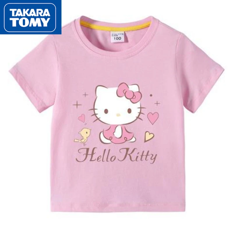 

TAKARA TOMY Hello Kitty 2022 Summer Cute Cartoon Sweat-absorbing Breathable Girls Short-sleeved Loose Cotton T-shirt