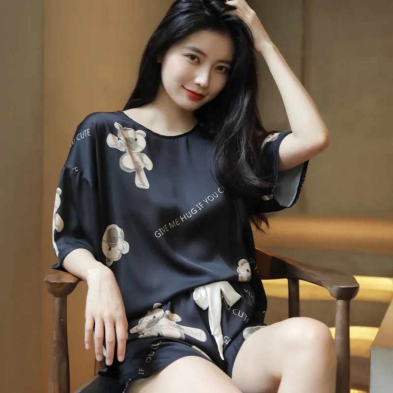 PICKBIRD 2022 Summer thin silk print short-sleeved shorts crew neck pajamas women's suit ice silk large size pullover home wear