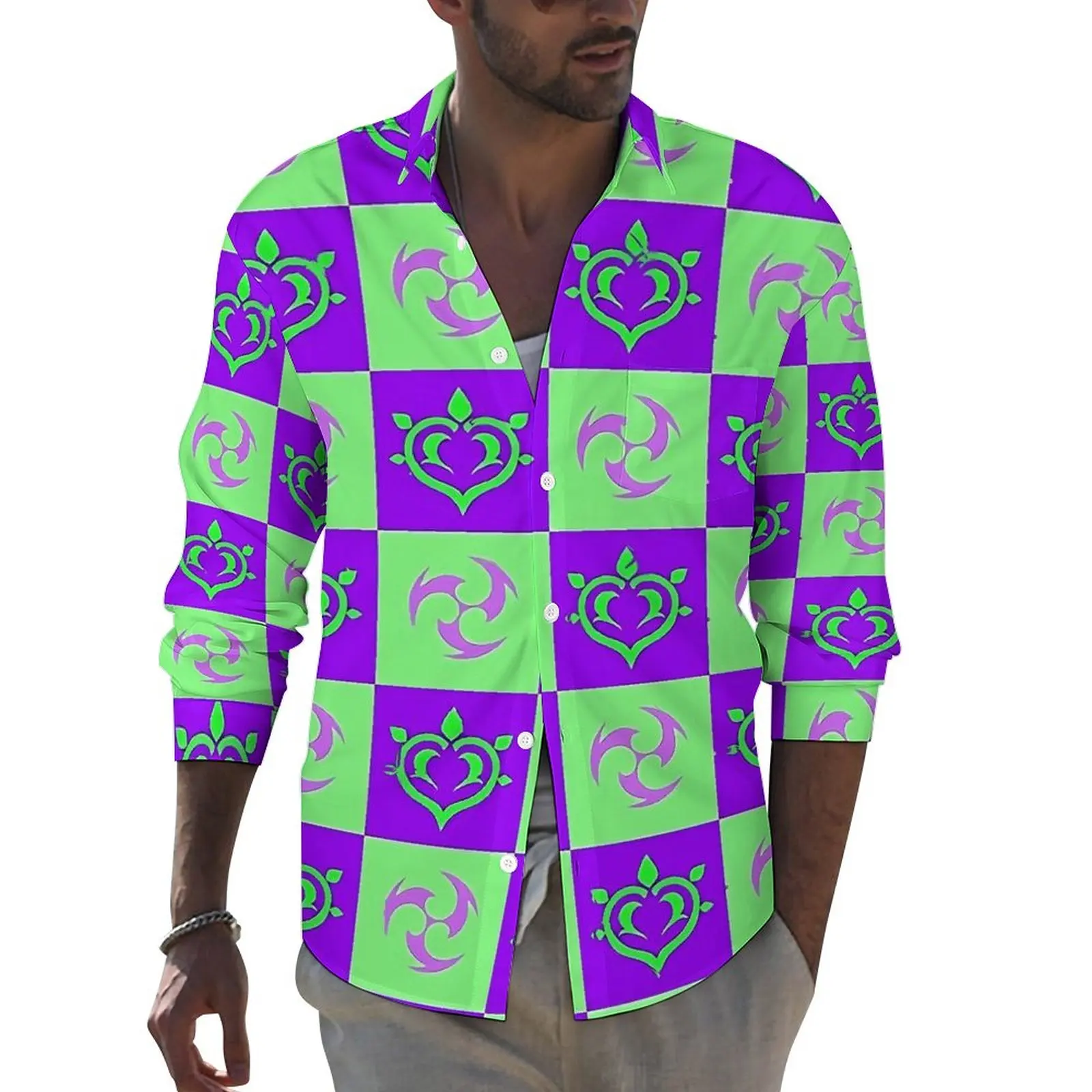 

Genshin Impact Casual Shirts Male Catalyze Checkered Shirt Long Sleeve Retro Y2K Blouses Spring Graphic Clothing Plus Size 4XL