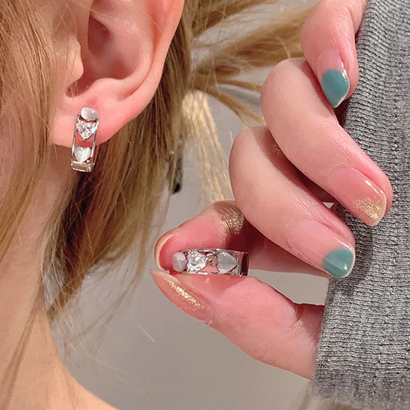 

Charm Silver Color Small Hoop Earrings Trendy Bridal Heart Stone Wedding Earrings Cute Female Blue White Opal Earrings For Women