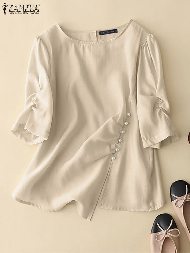 

ZANZEA Woman Elegant Solid Blouse Fashion Half Sleeve Shirt Female Casual Loose Pleated Tops Vintage OL Work Blusas Mujer 2023