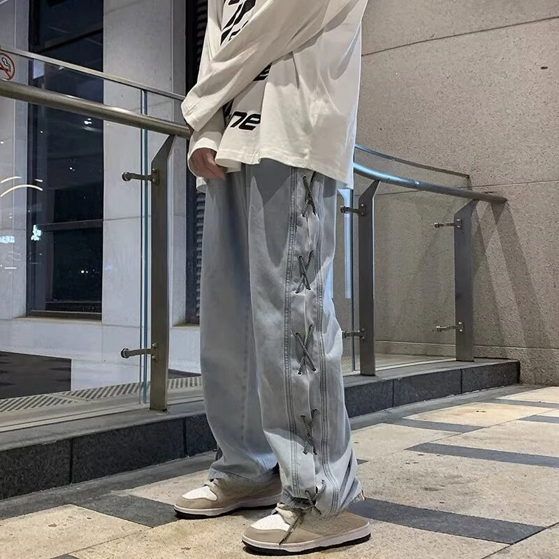 Streetwear Y2k Jeans Pants Lace Up Baggy Black Jeans Man Pants Designer Clothes Side Split 2023 Korean Fashion New
