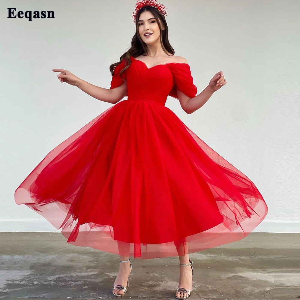 Eeqasn Simple Red Tulle Midi Prom Dresses A Line Off The Shoulder Pleats Formal Wedding Party Gowns Tea-Length Homecoming Dress