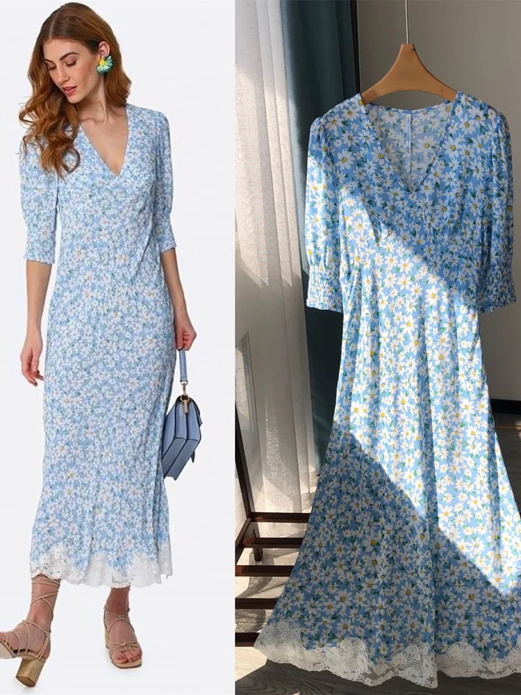 Women Daisy Printing V-Neck Fresh Mid-Length Dress 2023 Spring New Lady A-Line Half Sleeve Lace High Waist Long Robe for Holiday