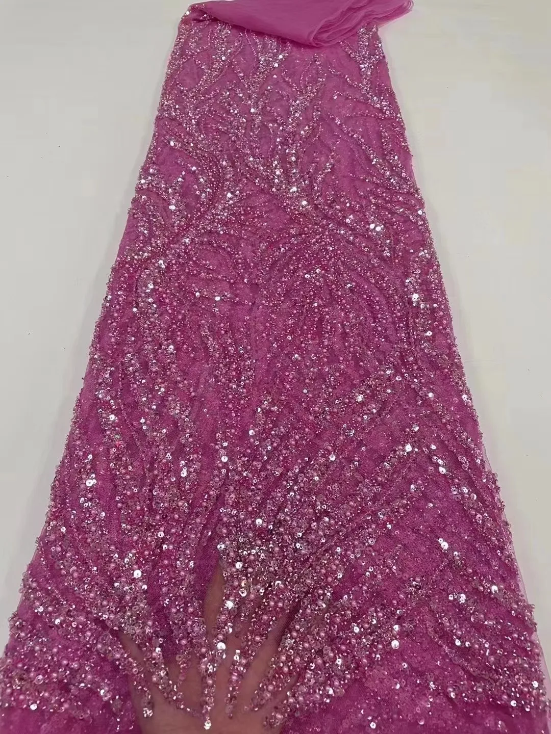 

Pink 2022 French Handmade Beaded Lace Fabric 5Yards Embroidery with Sequins African mesh Lace Fabric for Sewing Party dress