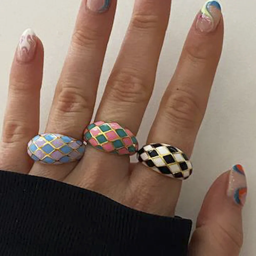 

New Colorful Black White Checkerboard Grid Retro Aesthetic Rings Fashion y2k Vintage Women Jewelry Designer Accessories 2023