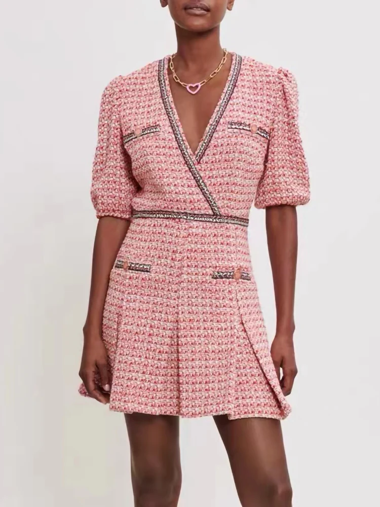 

MAJ* Spring Autumn New Tweed Mini Dress Women French Romantic High Waist Slim Fit V-neck Short A-Line Dress Contrast Trim Skirt