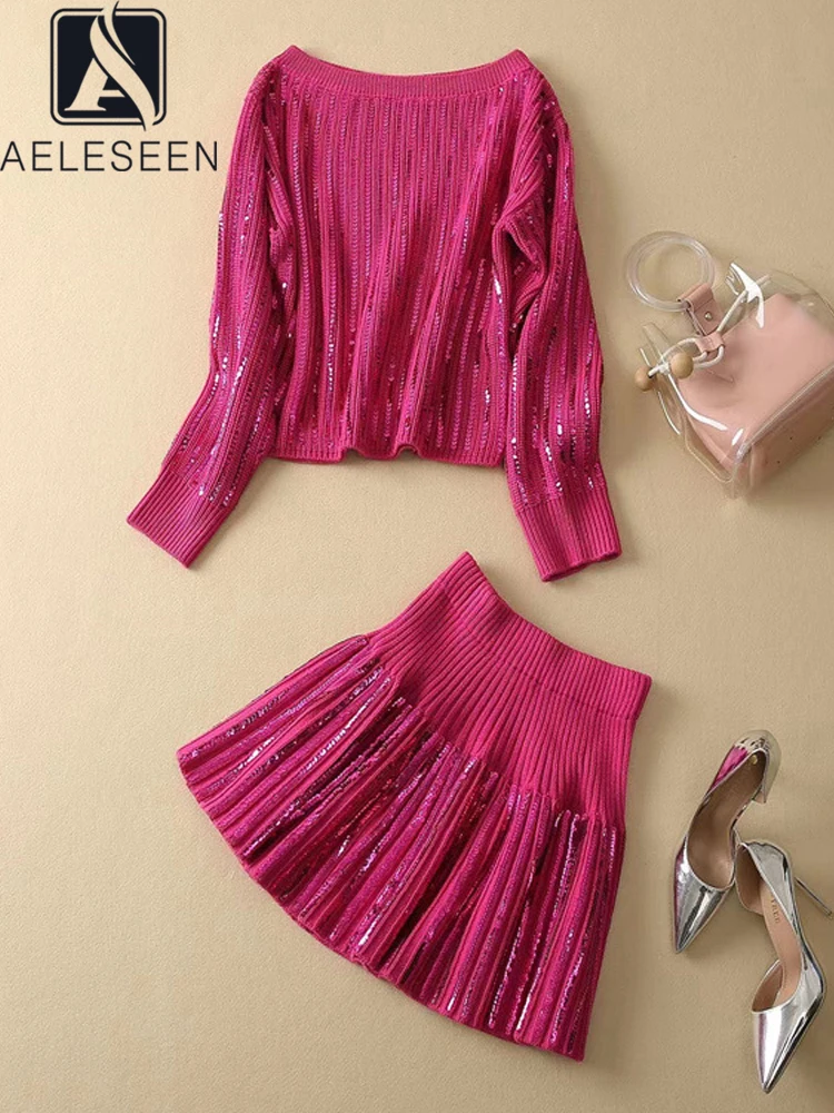 

AELESEEN Women Autumn Winter Set Runway Fashion Rose Red Turtleneck Off The Shoulder Beading Sweater + Mini Skirt Knitted Set