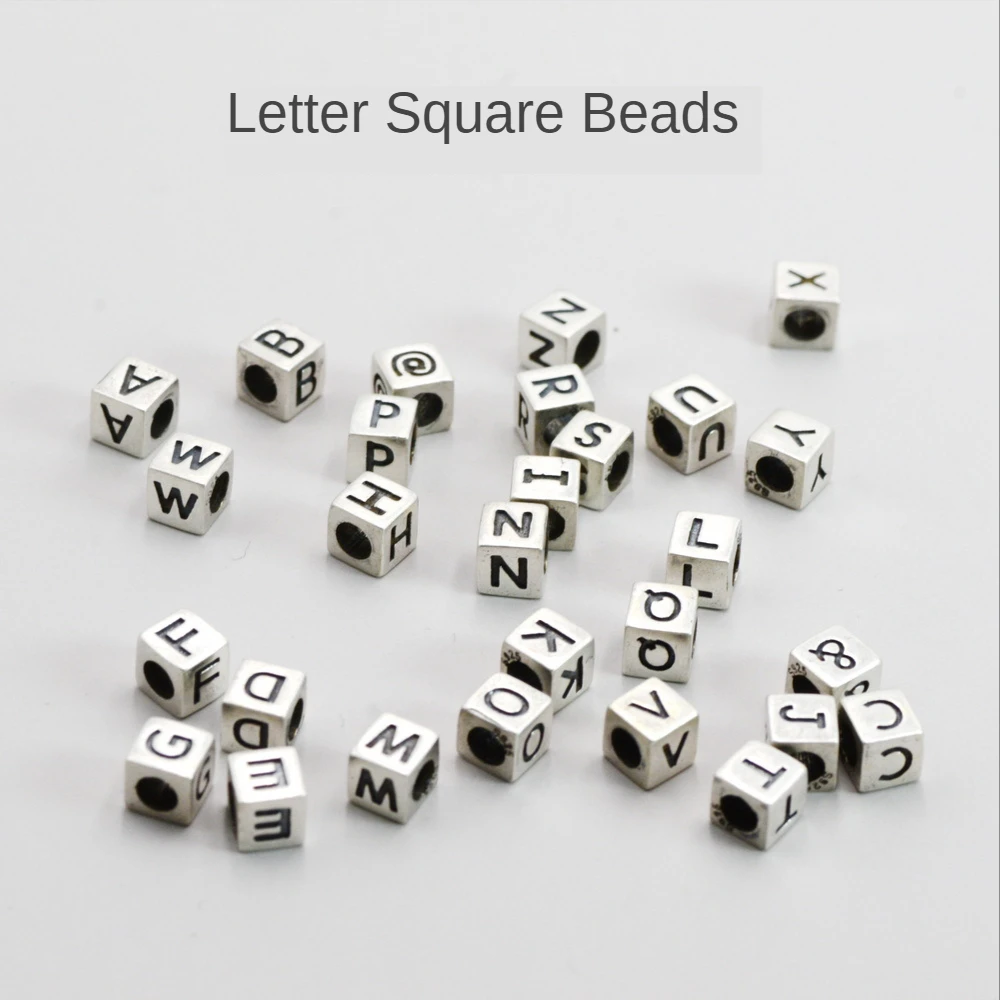 

925 Sterling Silver Letter Loose Beads Retro Thai Silver Square Bracelet DIY Hand Beaded Rope Jewelry Accessories
