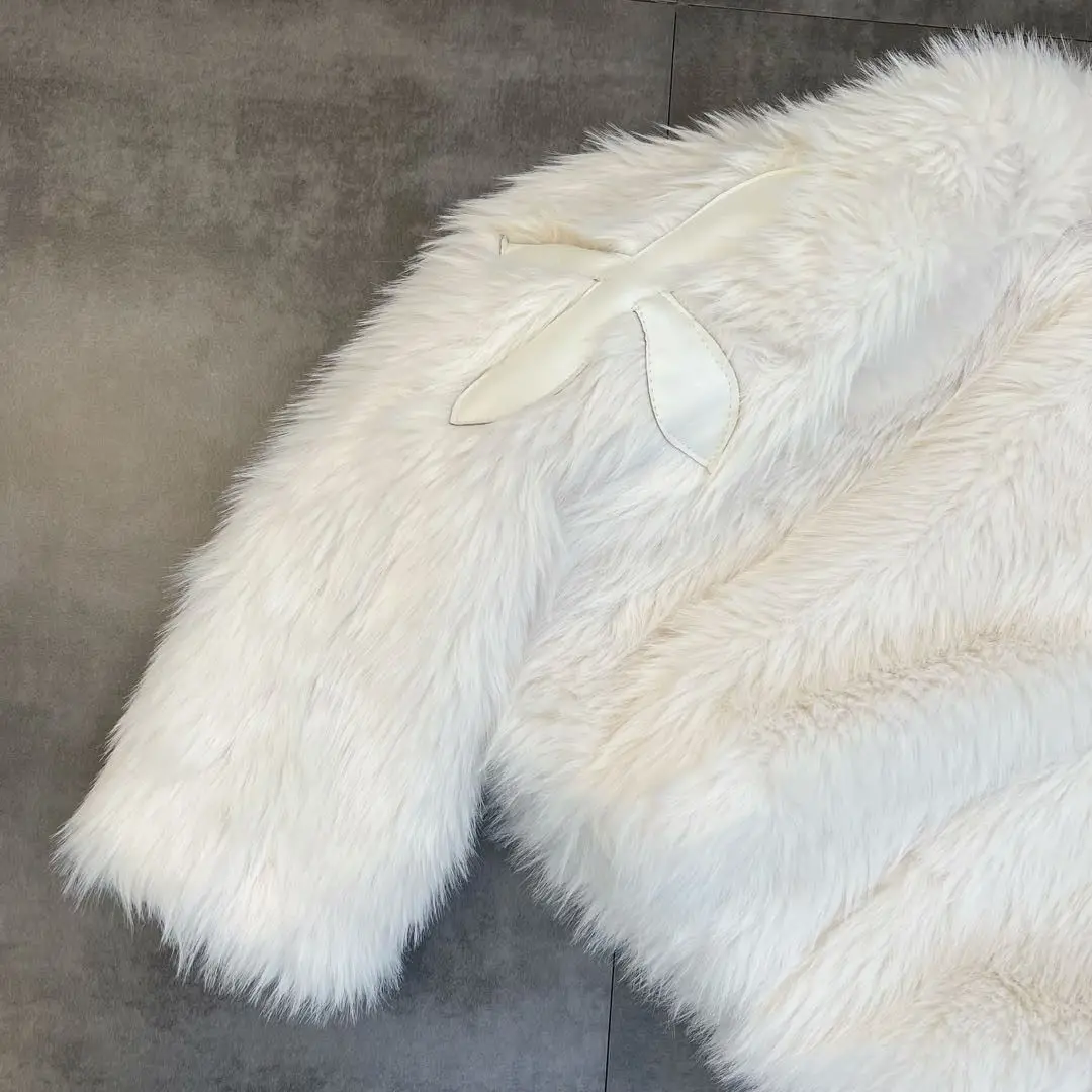 2023 Winter Women Jacket Lapel Long Sleeve Patch PU Cross Fur Cotton Coat images - 6