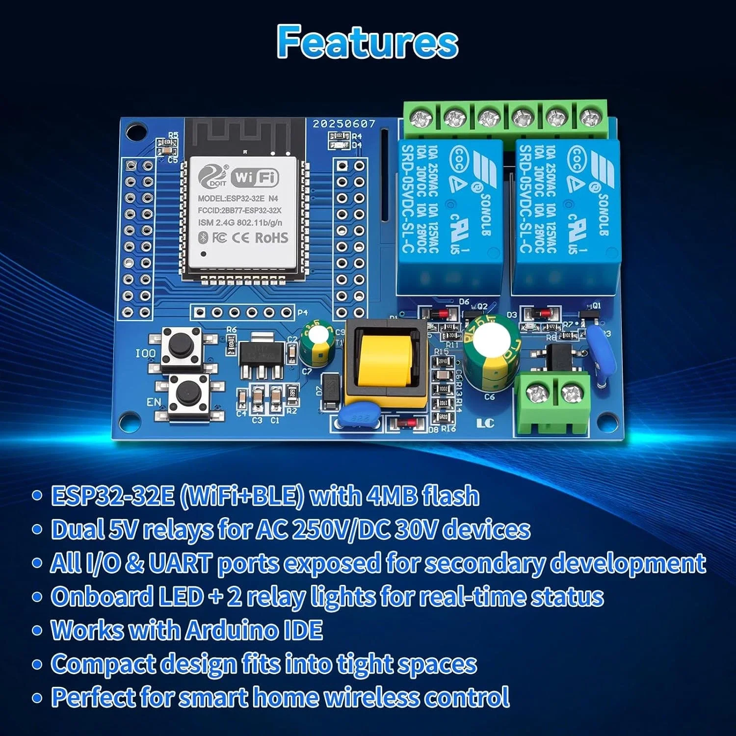 Фото Модуль умного реле AC220V ESP32, 2-канальный, с Wi-Fi и Bluetooth, беспроводной дистанционный выключатель для управления гаражными воротами, приводом ворот, мотором, рольставнями №5