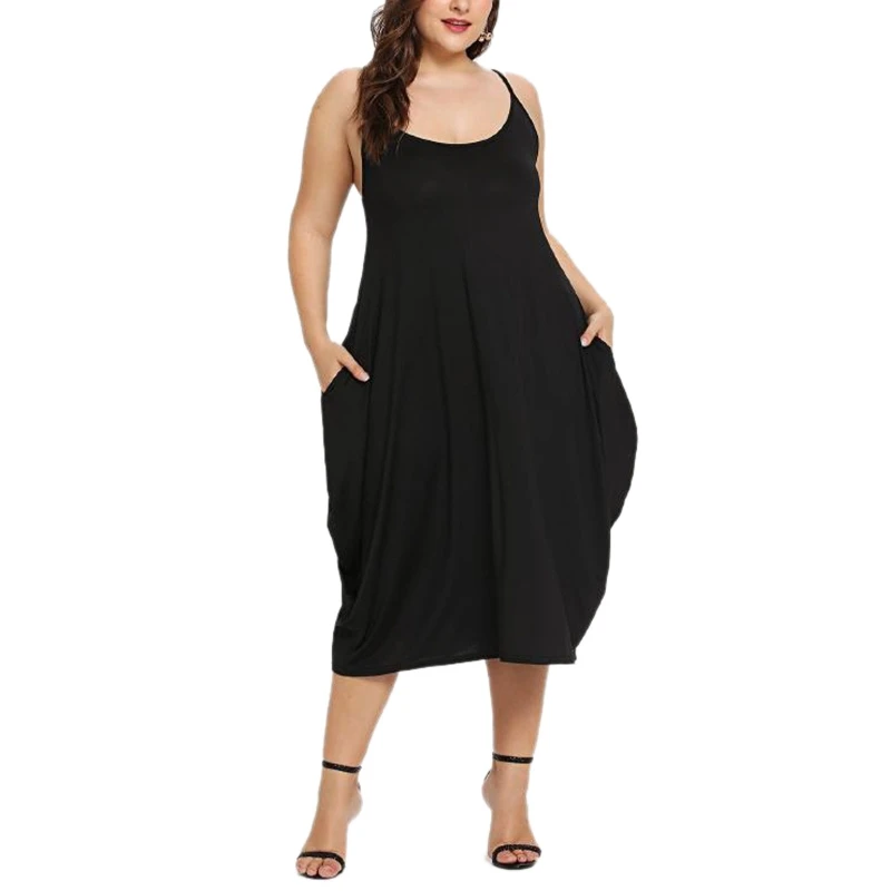

Women Plus Size Summer Spaghetti Strap Scoop Neck Casual Midi Long Cami Dress with Pockets Solid Color Pleated Sleeveless Sexy