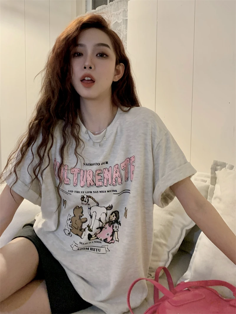 

Cotton American Vintage Cartoon Short Sleeve T-shirt Women Summer INS Graphic Tees Loose Fashion Brand T-shirt Couple Y2k Top