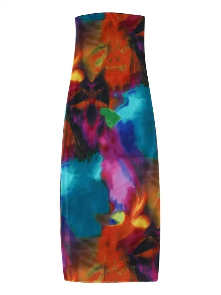 

Traf Dress Women's Summer Sexy Strapless Contrast Color Tie Dyed Printing Mesh Slim Midi Female Chic Party Vestidos Dresses Y2k