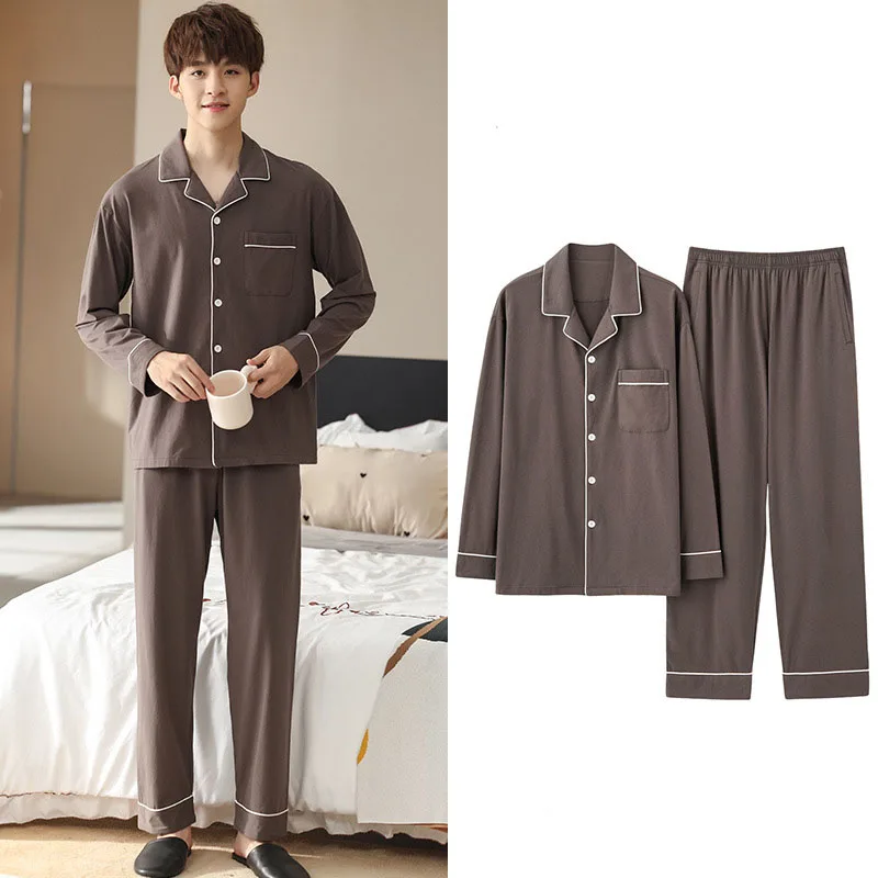 Men Pajama Spring Winter Sets Sleep Clothes Lounge Wear Long Sleeve Comfortable Quilted Turn-down Collar Homewear Pajamas