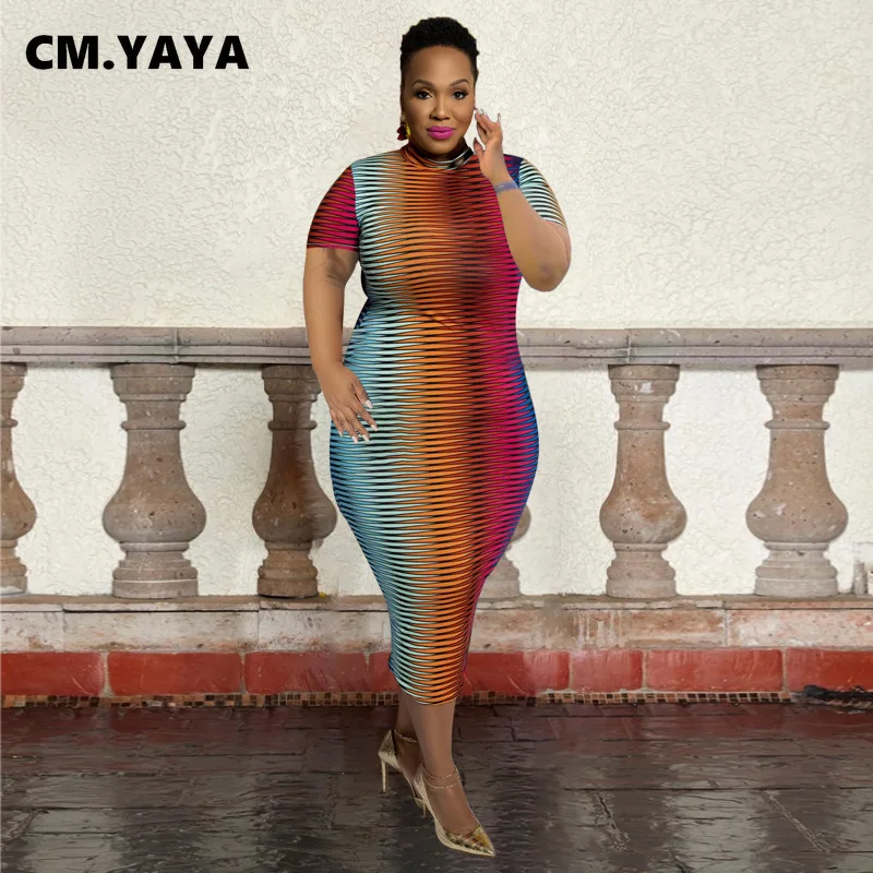 

Элегантное женское платье-макси CM.YAYA в полоску с градиентом и коротким рукавом, облегающее платье средней длины для лета 2022, сексуальное Клу...