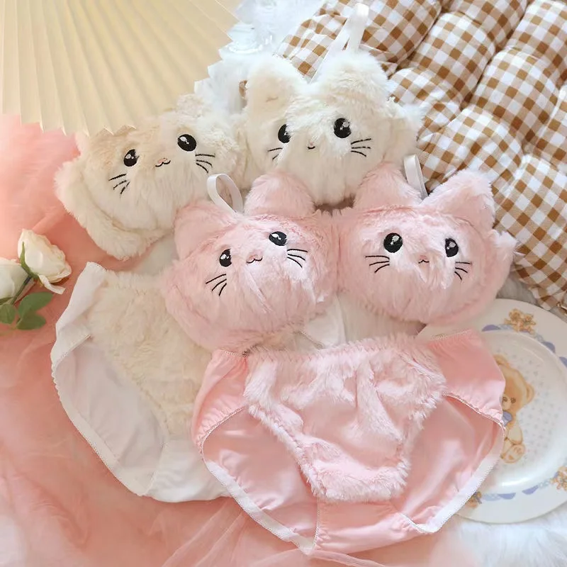 Japanese lolita pink plush cartoon cat embroidery brassiere no steel ring gathered bra set no steel ring suit girl bra and panty