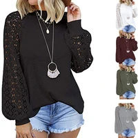 2022 autumn and winter solid color round neck long sleeved lace stitching loose top womens