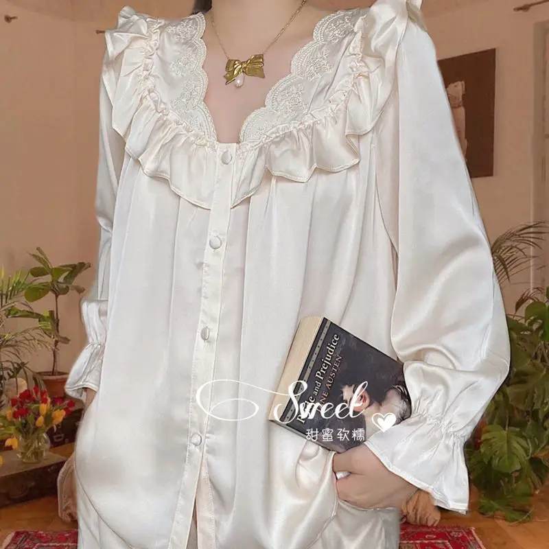 French Women's Dressing Gown Night Dress Negligee court style Silk Robes Nightwear Satin Sleepwear Summer Nightdress Large Size